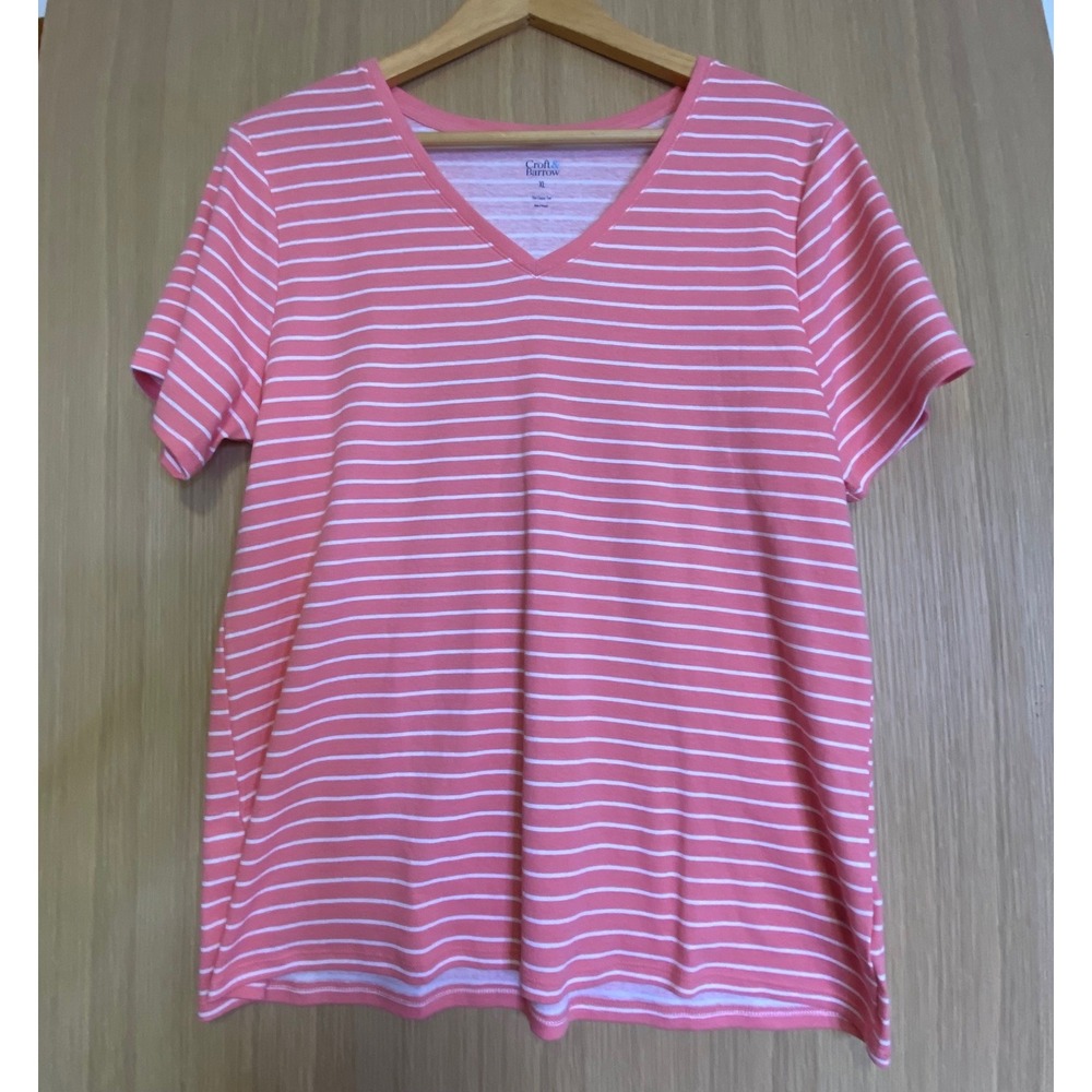 Croft & Barrow Womens XL The Classic Tee Pink White Striped V-Neck Short Sleeve